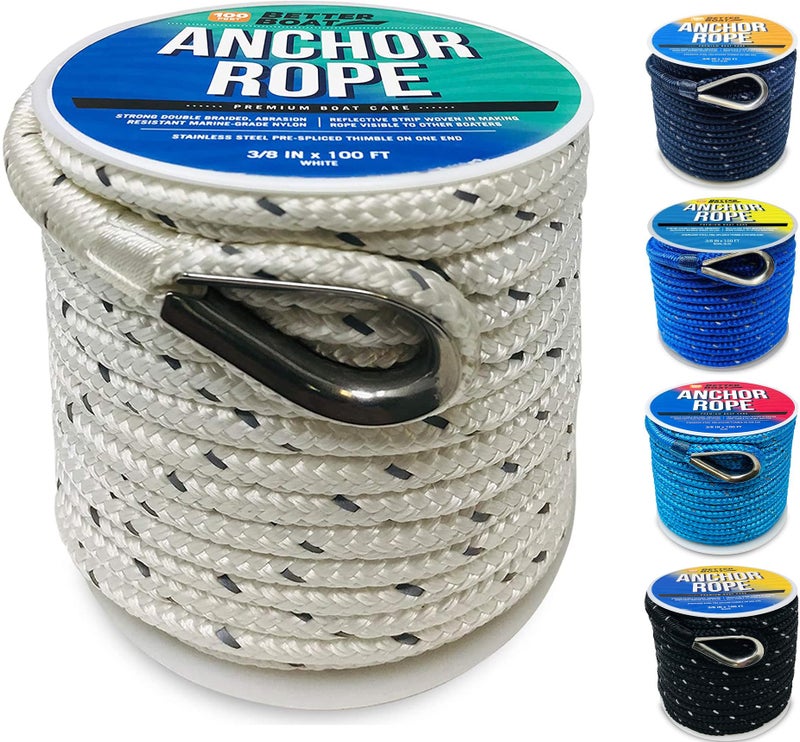 Better Boat Premium Anchor Rope, 100 Ft Double Braided White Nylon Marine Line, Reflective 3/8 Inch Reel for Anchors and Boats - White - Image 1